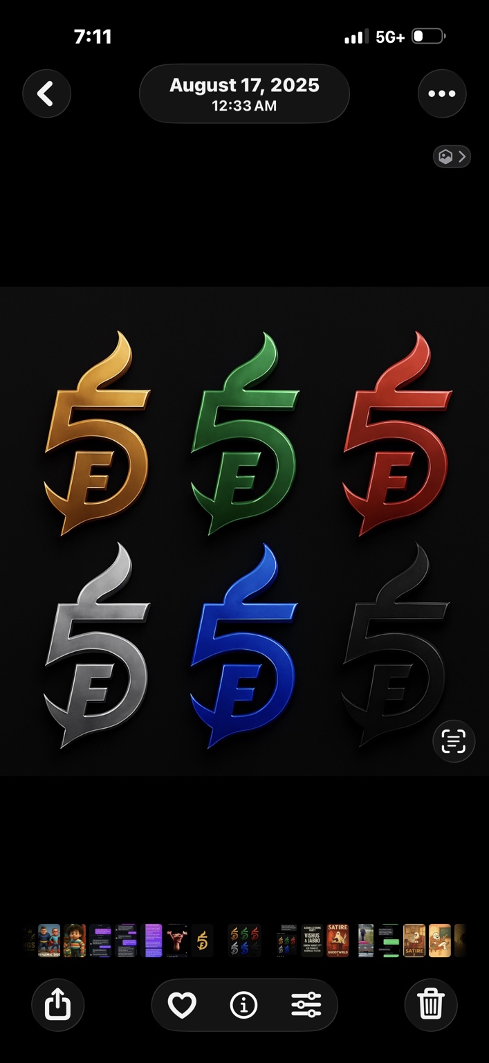 Original E5 flame mark in gold, green, red, silver, blue and black