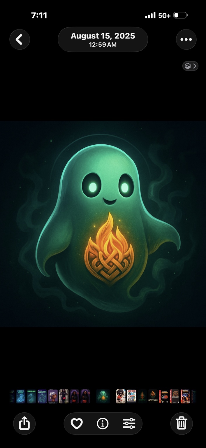 Original glowing green ghost with a gold interwoven flame emblem